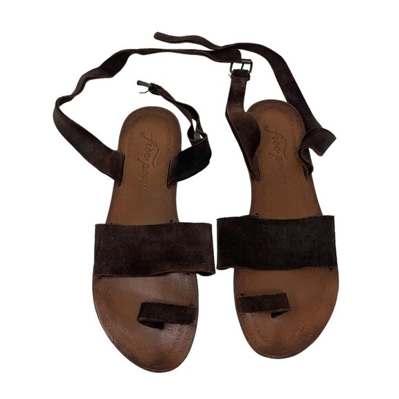 Free People Brown Suede Sandals Ankle Wrap Straps Size 41 Toe Ring Boho Festival - Picture 1 of 6